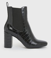 New Look Black Faux Croc Block Heel Ankle Boots